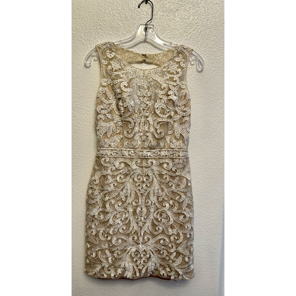 Champagne Lace Sequin Dress XS/S Beaded Formal Sleeveless Bodycon Cocktail Party